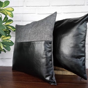 Black faux leather and gray-black color fabric pillow cover/faux leather pillow cover/Housewarming Gift/Colorful Homes/Modern Houses-1pcs image 7