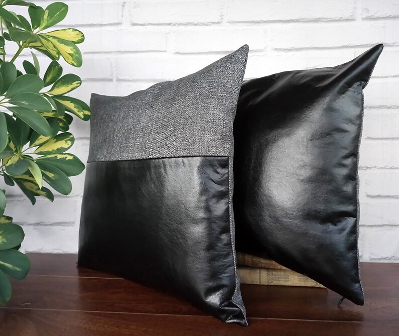 Black faux leather and gray-black color fabric pillow cover/faux leather pillow cover/Housewarming Gift/Colorful Homes/Modern Houses-1pcs image 7