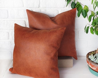 Terracotta/dark brown Zen old look pattern faux leather fabric pillow cover/scandinavian home decor/housewarming gift-1qty