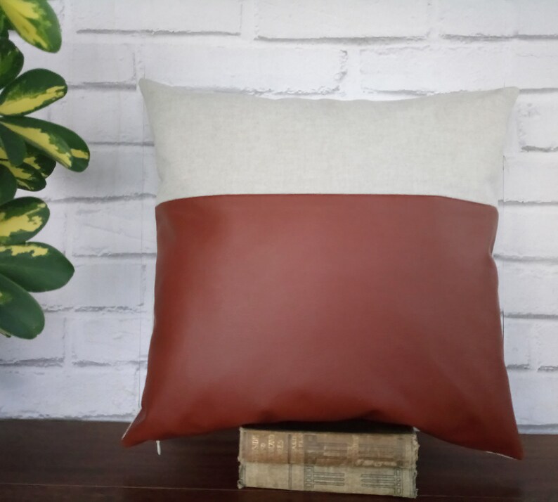 Cognac brown faux leather and beige cotton-linen pillow cover/faux leather pillow cover/Housewarming Gift/Colorful Homes-1pcs image 1