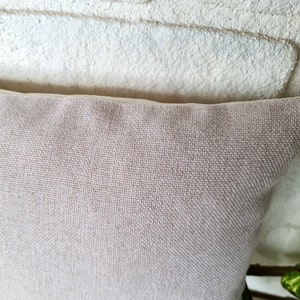 May include: A close-up of a light beige pillow with a white border. The pillow is made of a soft, textured fabric.