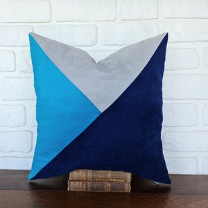 Diagonal color block gray-blue-navy blue velvet fabric  pillow cover/custom throw pillow/lumbar - square cushion cover-1qty