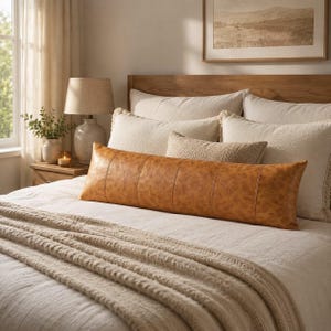 May include: A long, rectangular lumbar pillow made of tan, textured faux leather with vertical stitched seams. The pillow is positioned horizontally across the center of a bed covered in cream-colored bedding, surrounded by several other pillows.