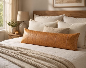 May include: A long, rectangular lumbar pillow made of tan, textured faux leather with vertical stitched seams. The pillow is positioned horizontally across the center of a bed covered in cream-colored bedding, surrounded by several other pillows.