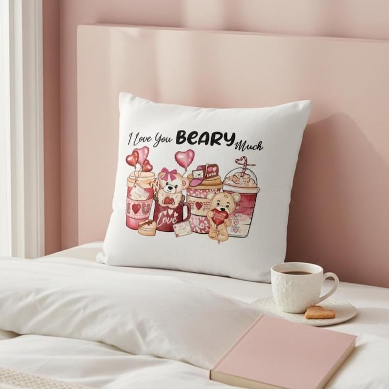 I Love You Beary Much – Pillow Cover | Valentine Teddy Bear Quote, Cozy Sofa Decor image 1