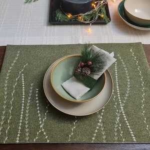 Green linen look fabric embroidered  placemat -double layer  placemats -11 color optional - Embroidered table decor