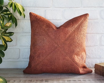 Terracotta color triangle diagonal design Monica faux leather fabric pillow cover with decorative stitching/scandinavian homedecor-1pcs