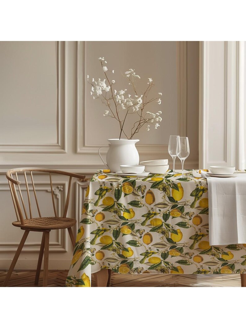 May include: A dining table set with a white tablecloth and a lemon-patterned tablecloth. The table is set with white dishes, wine glasses, and a white pitcher with white flowers. A wooden chair is on the left.