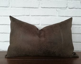 Brown faux leather fabric lumbar pillow cover with decorative stitches-14 colors optional/modern scandinavian homes-1pcs