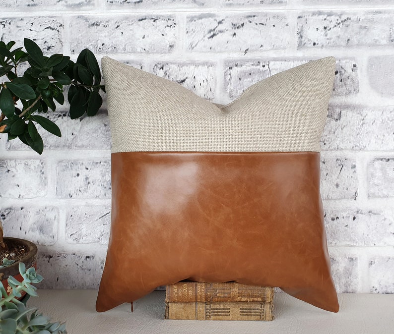 Thick camel faux leather and thick natural linen pillow cover Etsy
