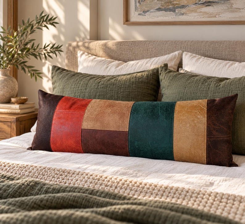 May include: A rectangular lumbar cushion featuring a patchwork design of leather-like panels in dark brown, bright red, tan, and deep teal. The cushion is positioned horizontally on a bed with white bedding and olive green cushions.
