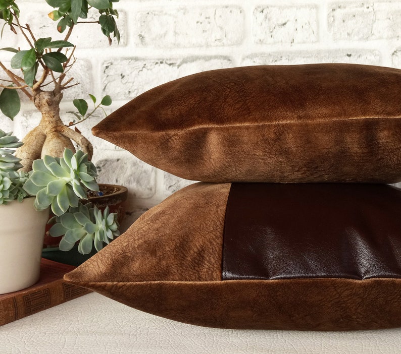Dark brown faux leather and velvet brown color fabric pillow Etsy