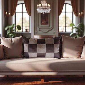 May include: A beige sofa with three pillows. The center pillow is rectangular and has a checkered pattern in shades of brown and beige. The other two pillows are solid beige. The room has large windows and a chandelier.