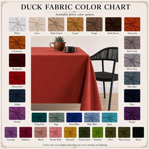 May include: A duck fabric color chart displaying a wide range of fabric swatches in various colors including white, ivory, camel, terracotta, burgundy, navy, and black, with a central image of a terracotta tablecloth on a table with a chair.