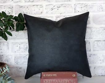 Rustic Anthracite Black Faux Leather Pillow Cover: Modern Sofa Decor (16x16'')