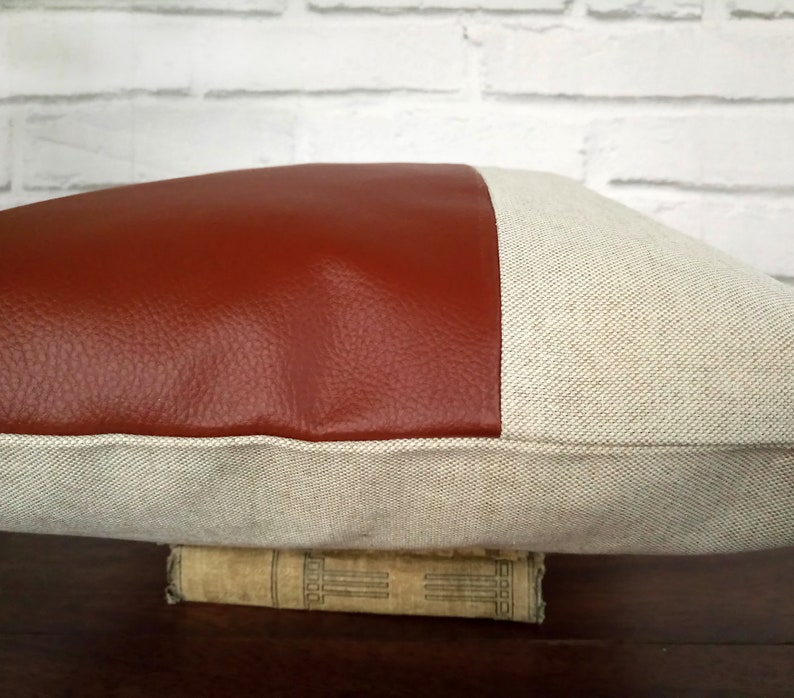 Cognac brown faux leather and beige cotton-linen pillow cover/faux leather pillow cover/Housewarming Gift/Colorful Homes-1pcs image 8