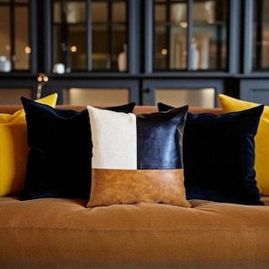 Color Block Pillow Cover – Camel & Black Faux Leather + Linen – Modern Throw Pillow – Scandinavian Decor – Handmade – 1 PCS