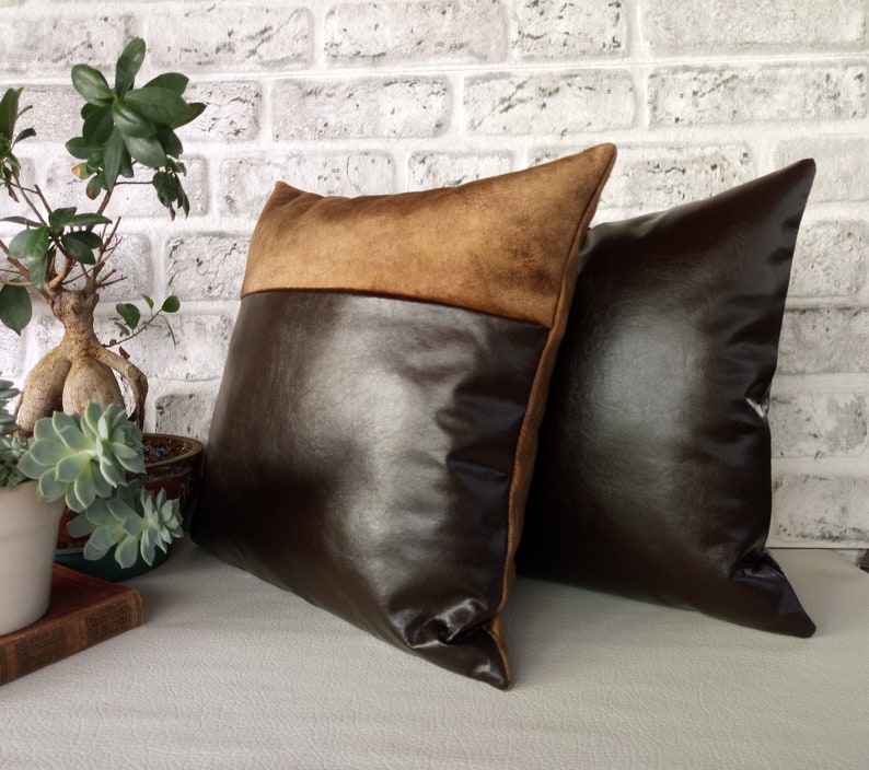 Dark Brown Faux Leather and Velvet Brown Color Fabric Pillow Etsy