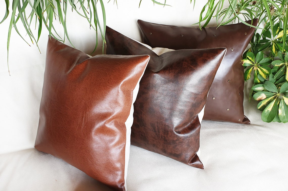 Oldish Look Brown Faux Leather Pillow Coverold Look Etsy
