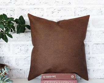 Rustic Brown Faux Leather Pillow Cover: 16x16 Sofa Decor
