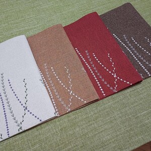 Embroidered Country Style Placemats - Cream, Red, and Brown Linen Look Fabric with Wildflowers Pattern image 4