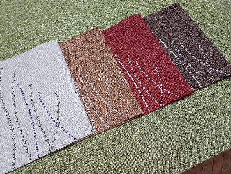 Embroidered Country Style Placemats - Cream, Red, and Brown Linen Look Fabric with Wildflowers Pattern image 4