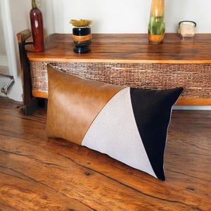 Modern Living Room Pillow - Camel Faux Leather & Black Fabric - Color Block Sofa Pillow Cover