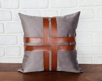 Gray Nubuck Pillow Cover: Faux Leather Straps, Modern Scandinavian