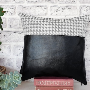 Ready to ship /16x16&#39;&#39;(41x41cm) Black faux leather and poly linen look goose foot fabric  pillow cover -home decor /Housewarming Gift-1qty