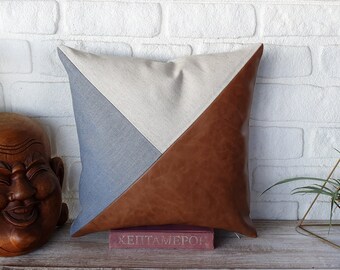 Cognac Faux Leather Pillow Cover: Denim & Linen, 16x16