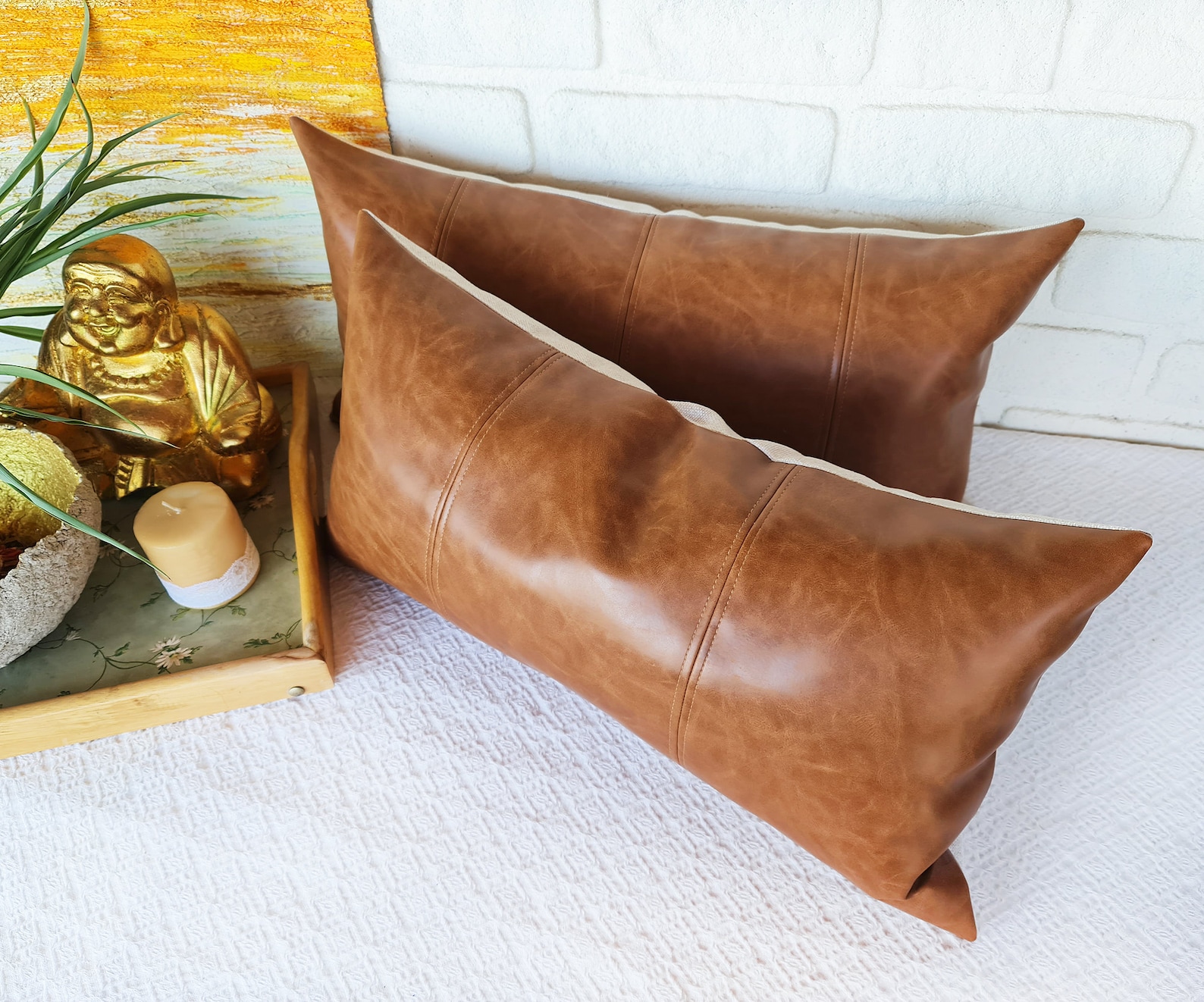 Old Look Cognac Faux Leather Pillow Cover 4 Piece Etsy