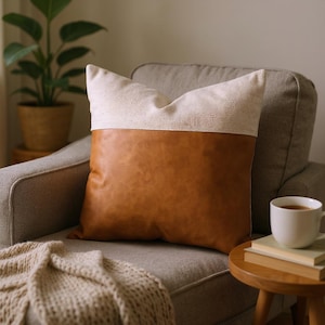 Modern Camel Faux Leather & Natural Linen Pillow Cover – 1/3 Color Block Cushion – Stylish Throw Pillow – Housewarming Gift Idea