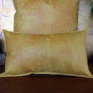 Yellow Vegan Leather Lumbar Pillow Cover- Decorative Stitch Accent