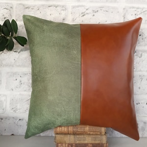 Cognac & Pale Green Faux Leather Pillow Cover: Two-Tone Design