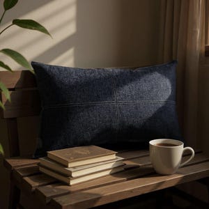 Housse de coussin en denim bleu fait main - Coussin lombaire décoratif surpiqué, 12 x 26