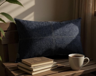 Handmade Blue Denim Pillow Cover – Decorative Stitched Lumbar Cushion, 12x26