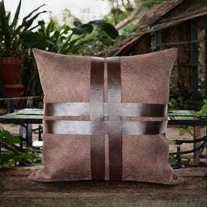 16X16&#39;&#39;(40X40cm) Brown suede look fabric pillow cover with cross Bioflora dark brown faux leather straps/Housewarming gift home decor-1qty