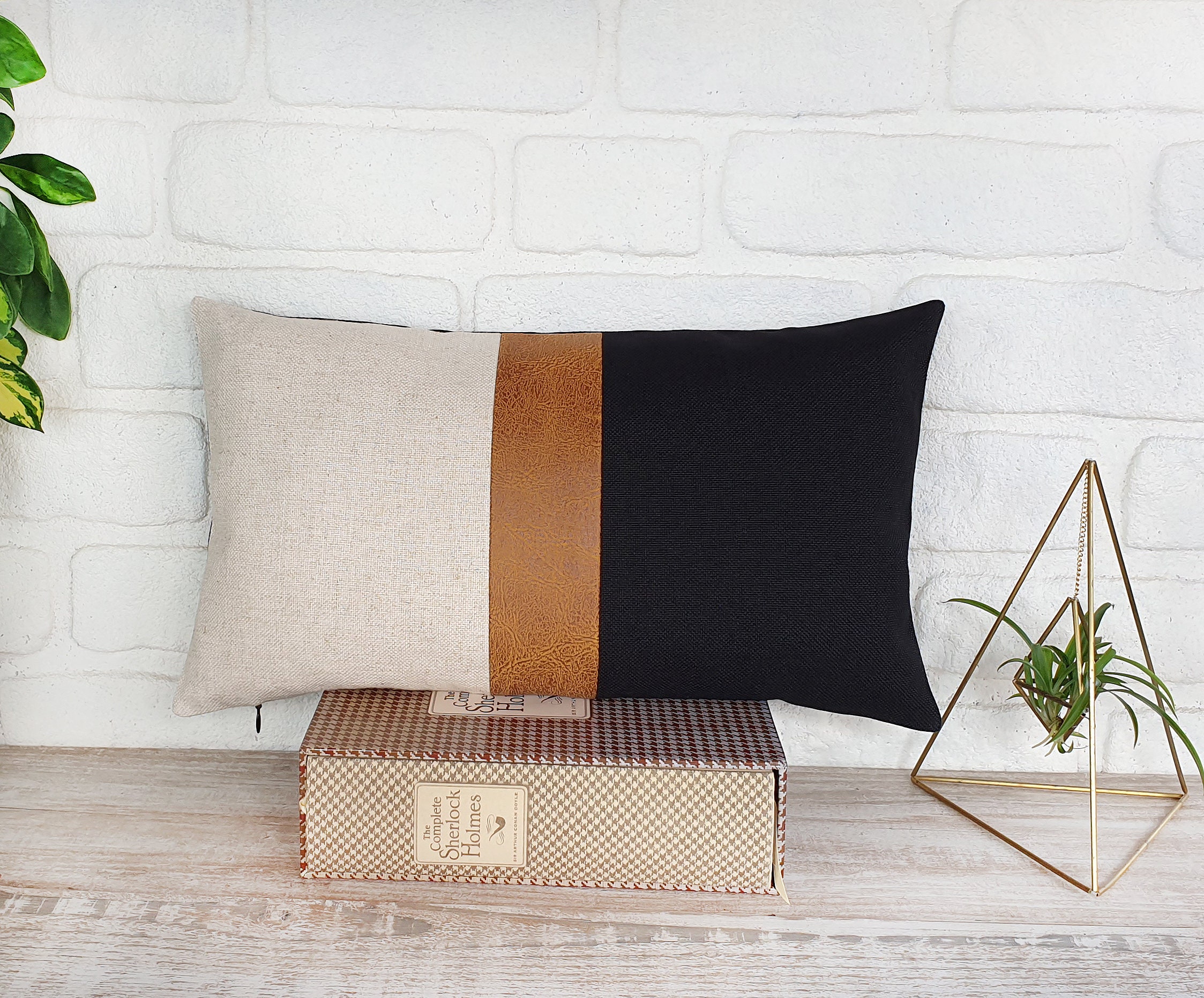 Color Block Pillow Cover - Zen Camel Faux Leather, Linen Accent - Etsy