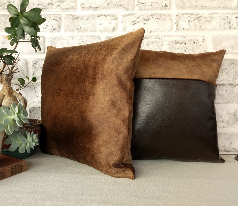 Dark brown faux leather and velvet brown color fabric pillow Etsy