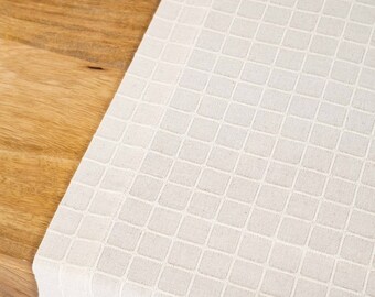 Cream Cotton Woven Table Runner: Embossed Square Pattern, Country Style