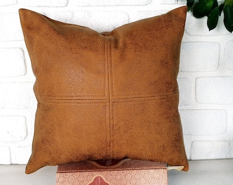 Zen camel color piecewise square faux leather fabric pillow cover with decorative stitches/scandinavian homes
