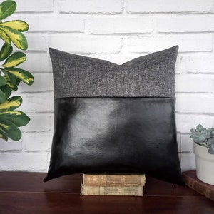 Black faux leather and gray-black color fabric pillow cover/faux leather pillow cover/Housewarming Gift/Colorful Homes/Modern Houses-1pcs image 2