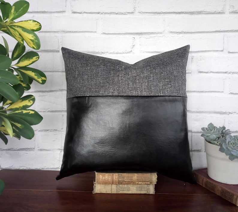 Black faux leather and gray-black color fabric pillow cover/faux leather pillow cover/Housewarming Gift/Colorful Homes/Modern Houses-1pcs image 2