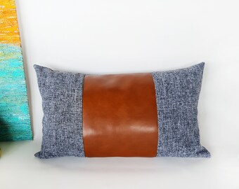 Funda de almohada lumbar de piel sintética color coñac: tela en blanco y negro
