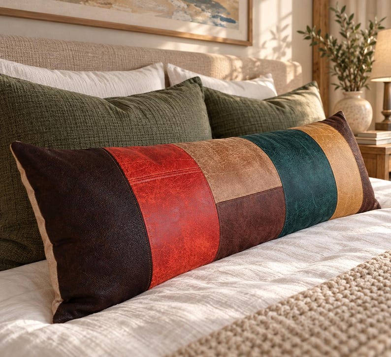 May include: A long rectangular lumbar cushion featuring a patchwork design of faux leather panels in dark brown, bright red, tan, dark teal, and mustard yellow. The cushion has a visible textured surface and is stitched together in vertical and horizontal segments.