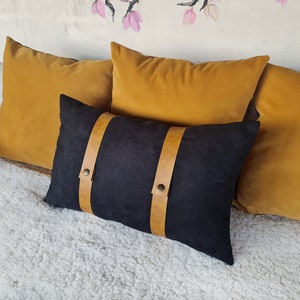 Black faux suede fabric pillow cover with camel color faux leather straps/modern scandinavian home decor/housewarming gift 1pcs image 2