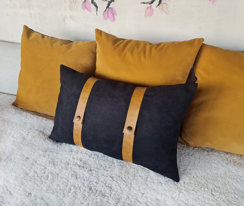 Black faux suede fabric pillow cover with camel color faux leather straps/modern scandinavian home decor/housewarming gift 1pcs image 2