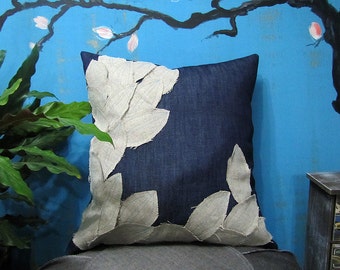 Fast Shipping/Handmade Shabby Linen Leaves Pattern Denim Pillow Cover/Cheerful Home Decor/Housewarming Gift/Bohemian Home Decor-1 pcs