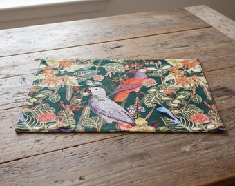 Dark Green Wild Flowers Birds Placemats - Nature Leaf Print Fabric Table Mats -Double Layer Placemats - Floral Nature Table Decor