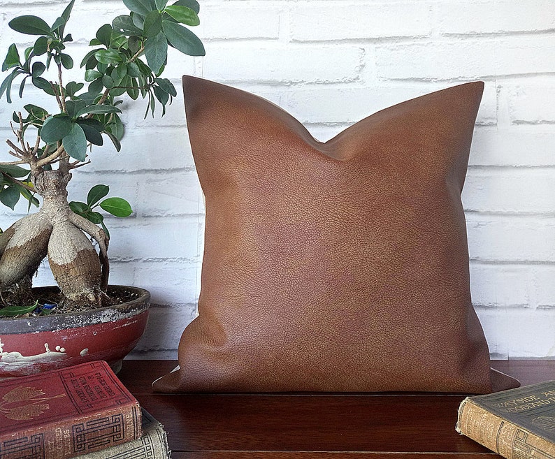 May include: A brown leather pillow with a textured surface. The pillow is sitting on a wooden surface with books.